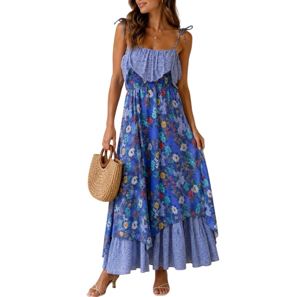 Blue Floral Maxi Dress with Ruffle Bodice